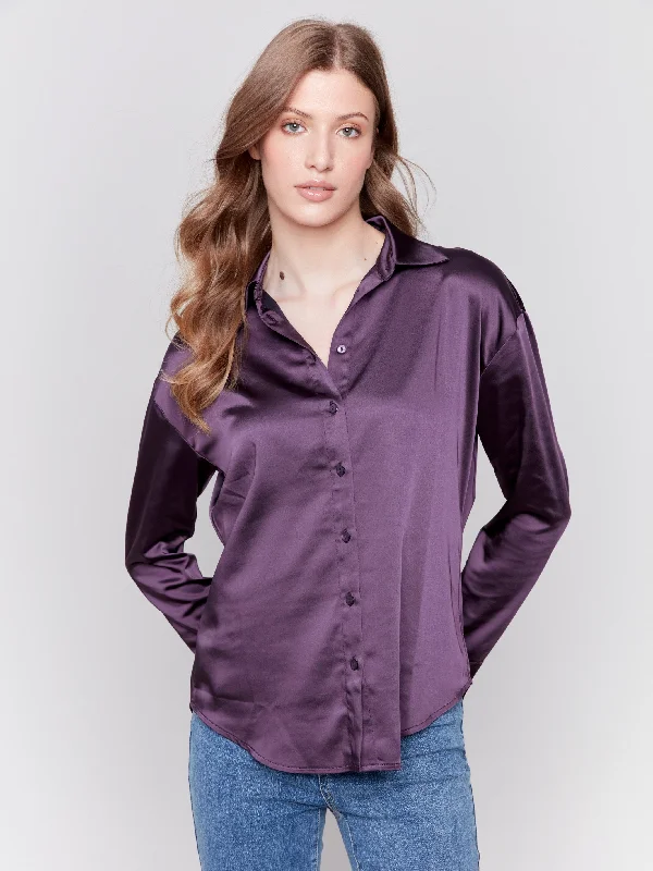 The Sale You’ve Been Waiting For!Solid Satin Button-Down Shirt - Plum