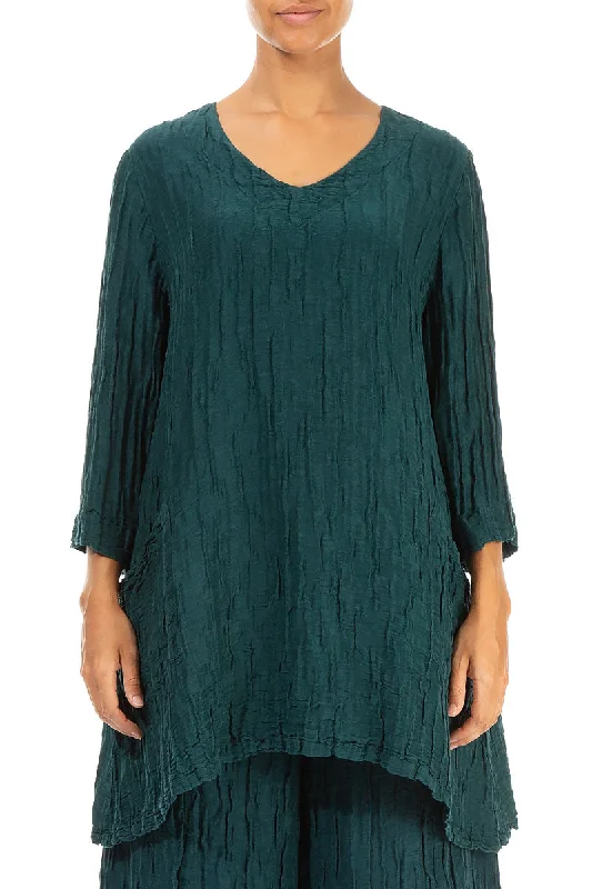 Limited Deals, Unlimited Savings!Twin Pockets Crinkled Emerald Silk Linen Tunic