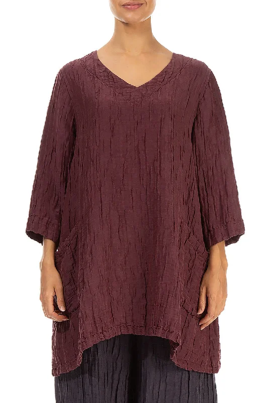 Buy More, Pay Less!Twin Pockets Crinkled Merlot Silk Linen Tunic