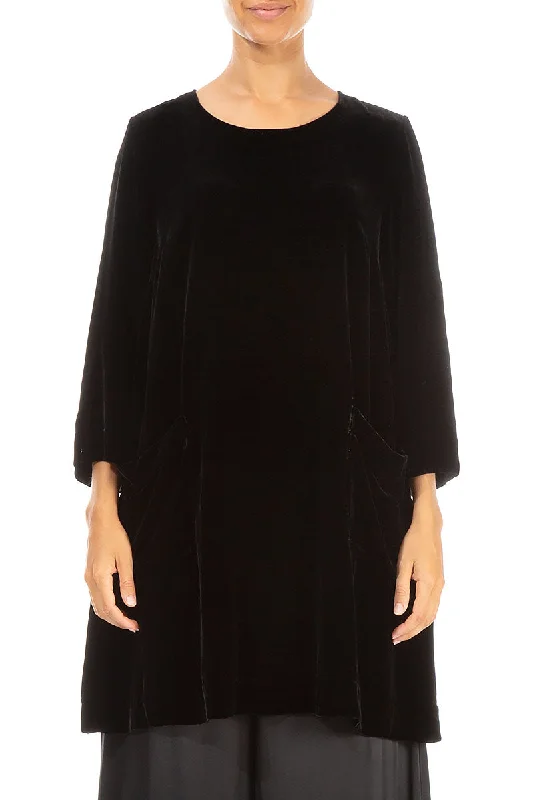 Save Up to 50% Off!Two Pockets Black Silk Velvet Tunic