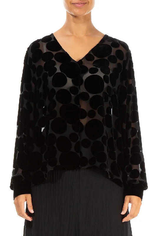 Get More, Spend Less – Shop Now!V-Neck Devoré Bubbles Black Silk Velvet Blouse