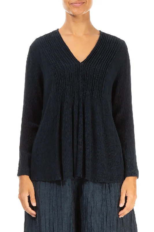 Save Like Never Before!V-Neck Midnight Blue Silk Viscose Blouse